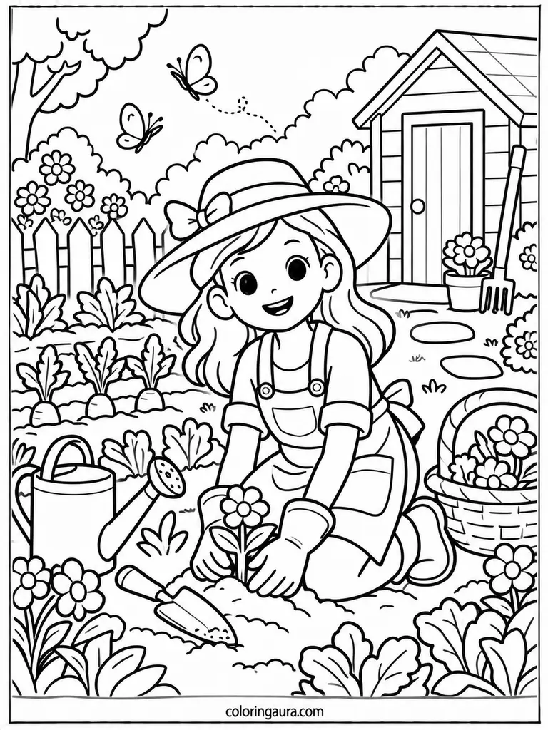 Gardener Planting Flowers Coloring Page