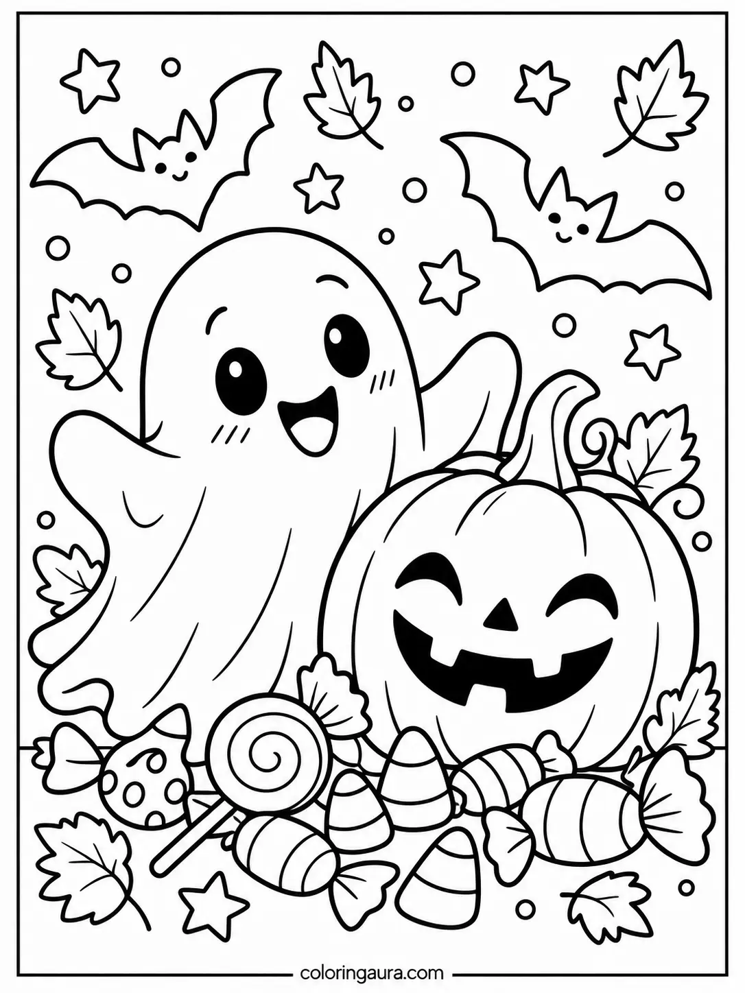 Ghost and Pumpkin Friends Coloring Page