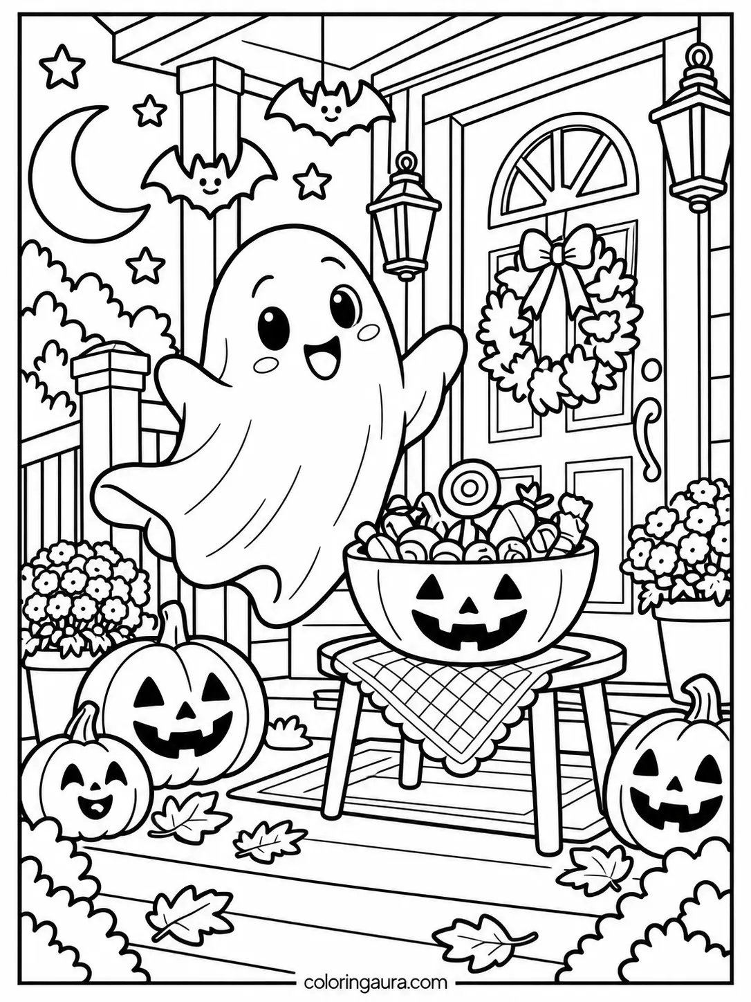 Ghost at Halloween Front Door Coloring Page