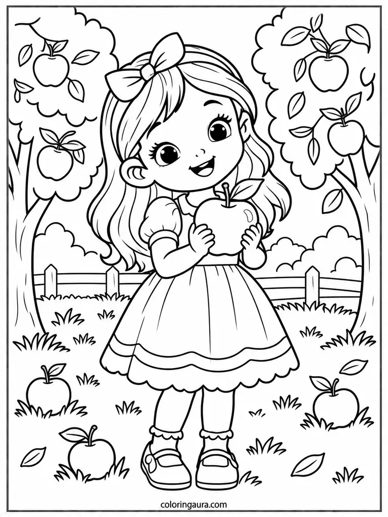 Girl Holding Apple Coloring Page