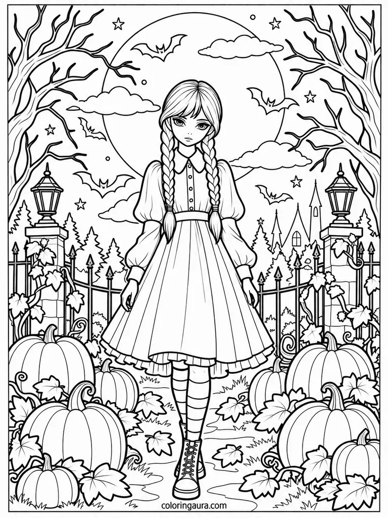 Wednesday Bats and Moon Coloring Page