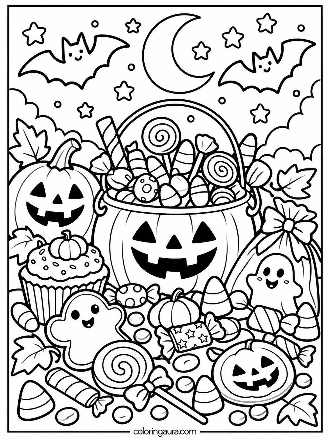 Halloween Candy and Bats Coloring Page