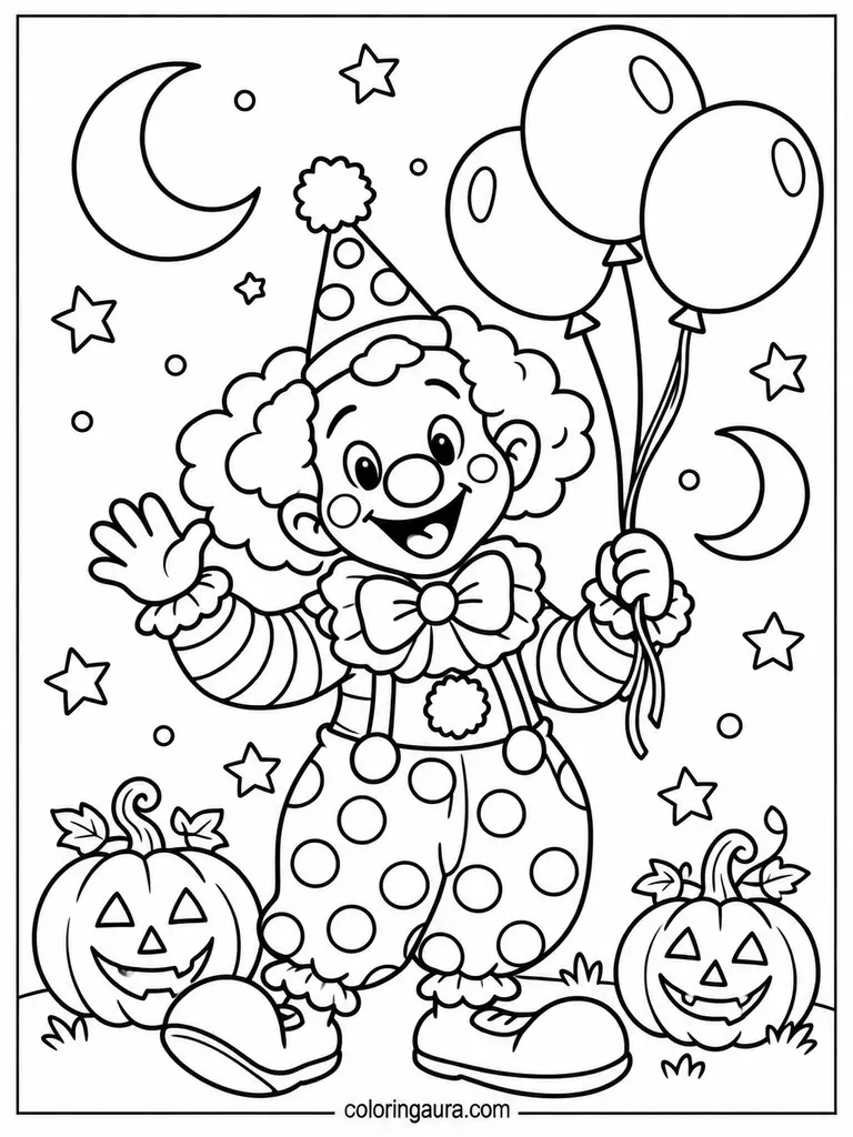 Halloween Clown with Balloons Coloring Page