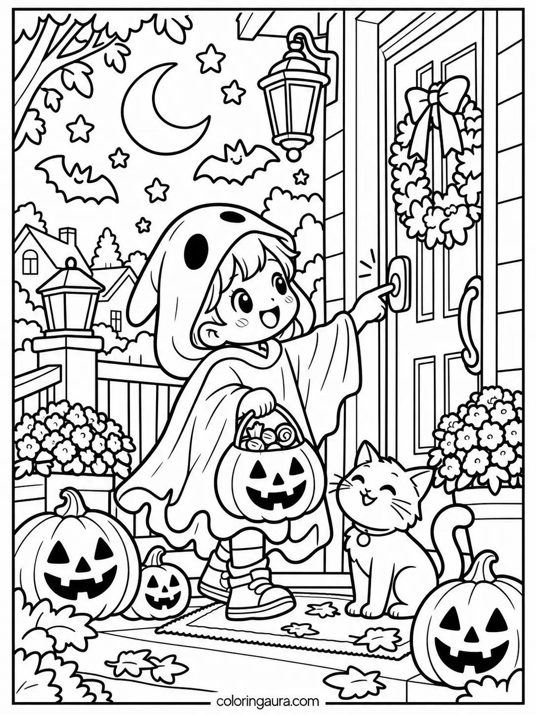 Halloween Doorbell Trick-or-Treat Coloring Page