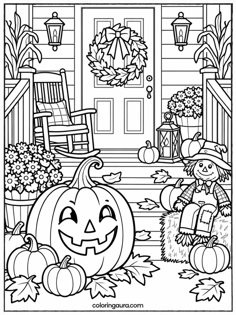 Halloween Porch Jack-O-Lantern Coloring Page