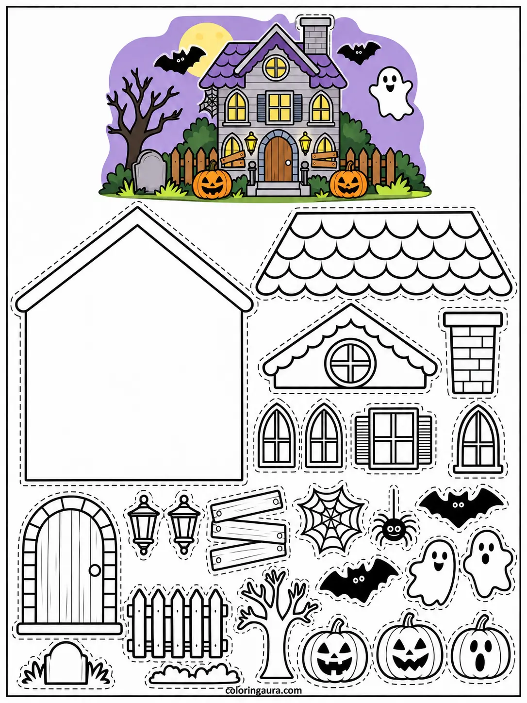 Build Your Own Haunted House Coloring Page | Cut and Paste Printable