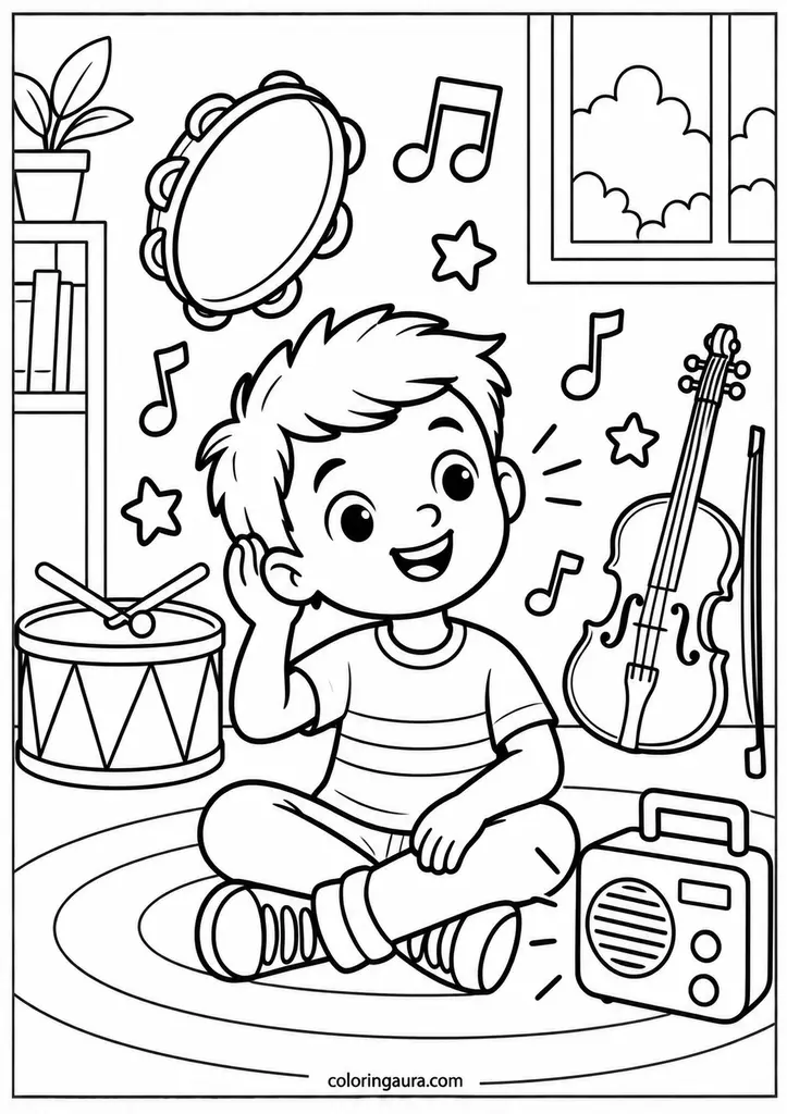 Hearing and Music Child Coloring Page