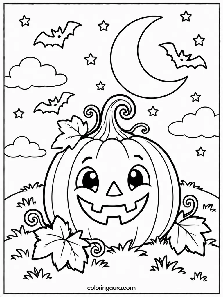 Jack-O-Lantern Crescent Moon Coloring Page