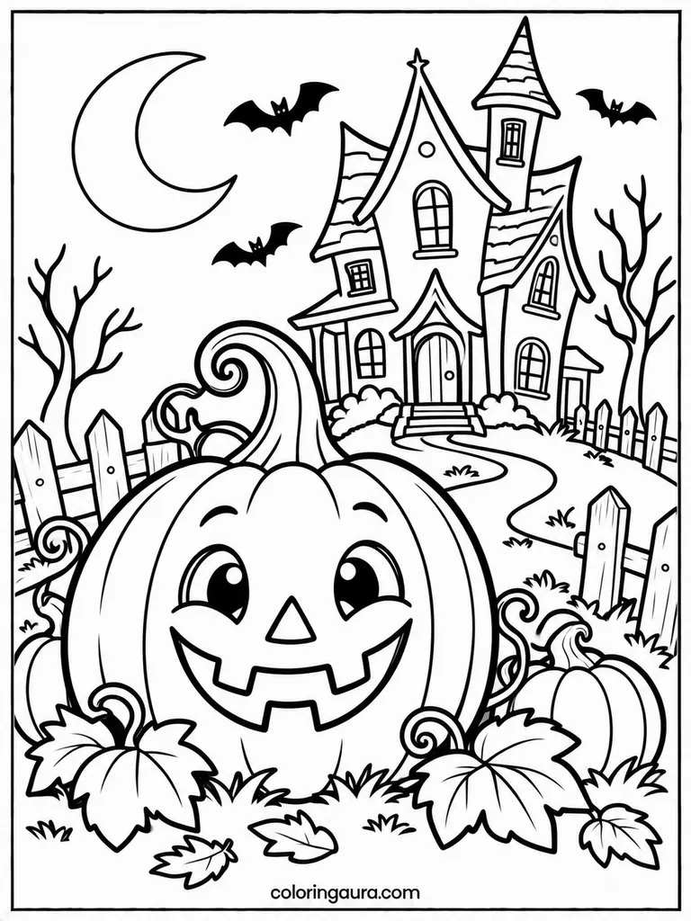 Jack-O-Lantern Haunted House Coloring Page