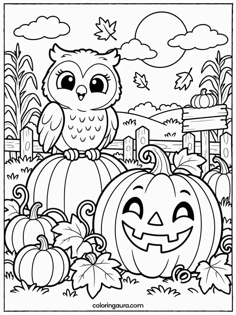 Jack-O-Lantern Owl Pumpkin Patch Coloring Page