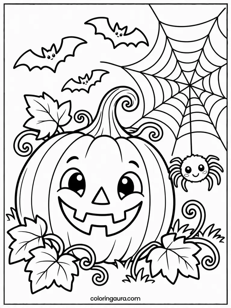 Jack-O-Lantern Spider Web Coloring Page