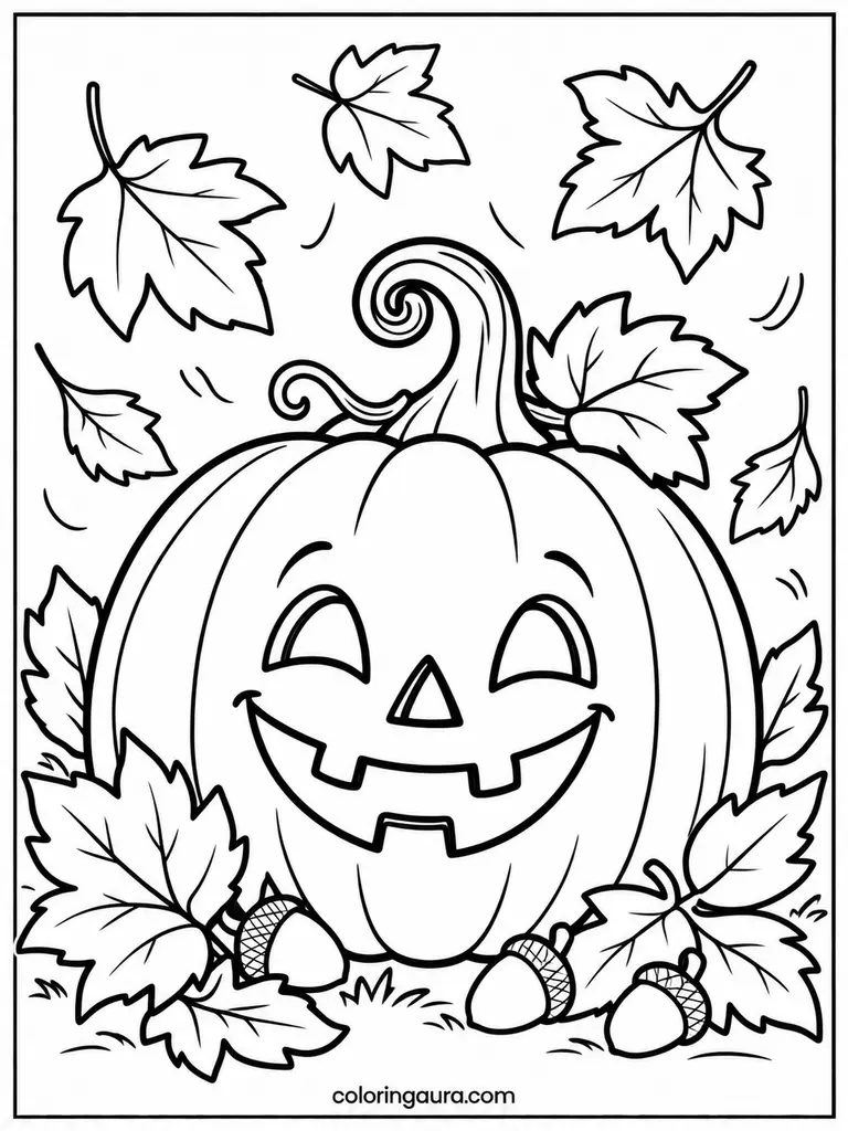 Jack-O-Lantern With Autumn Leaves Coloring Page