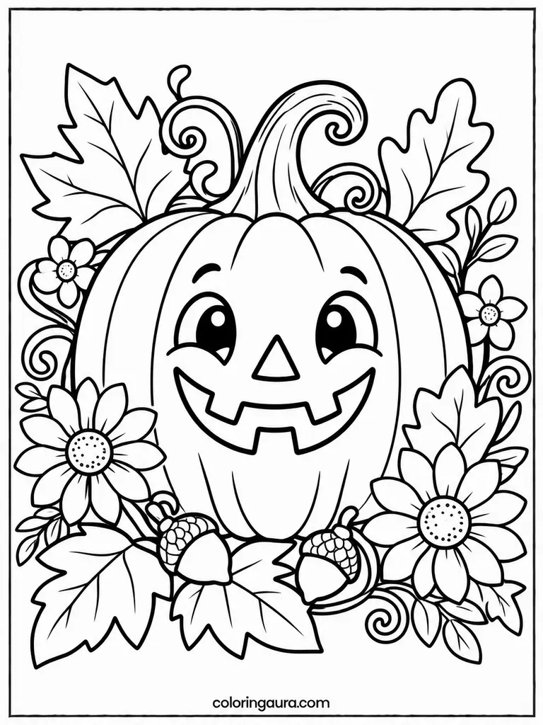 Jack-O-Lantern With Fall Flowers Coloring Page