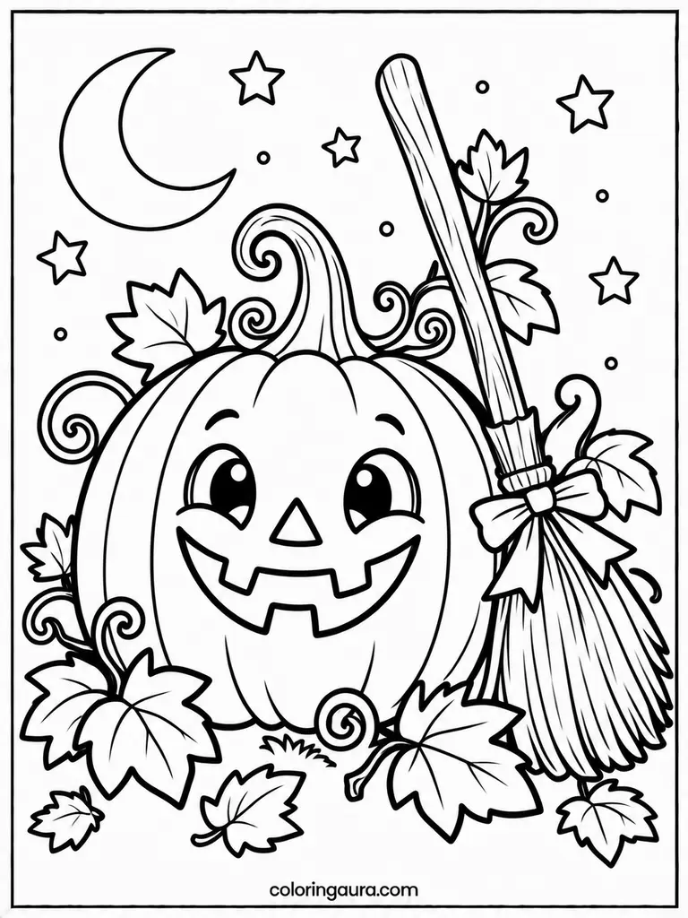 Jack-O-Lantern With Witch Broom Coloring Page