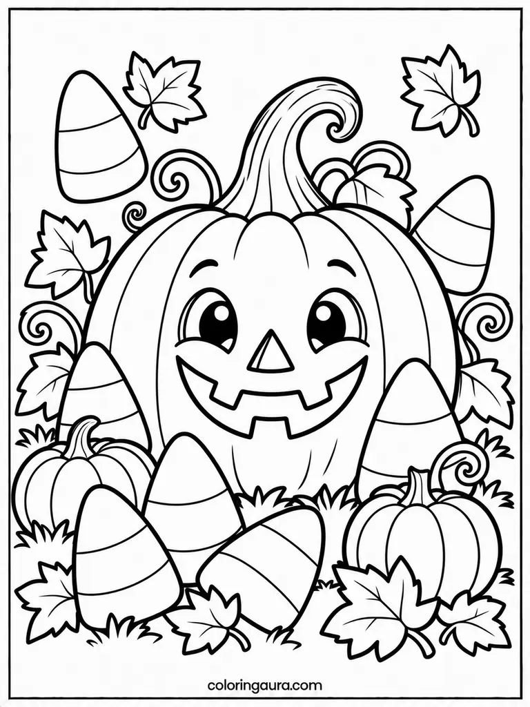 Jack-O-Lantern and Candy Corn Coloring Page