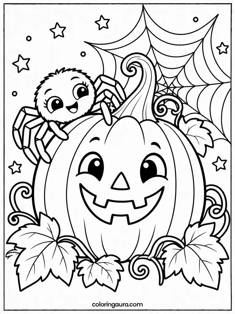 Jack-O-Lantern and Friendly Spider Coloring Page