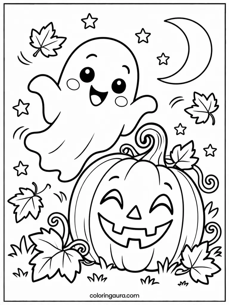 Jack-O-Lantern and Ghost Coloring Page