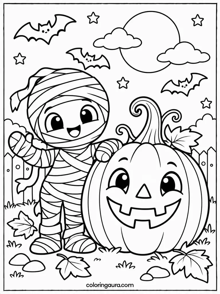 Jack-O-Lantern and Mummy Coloring Page