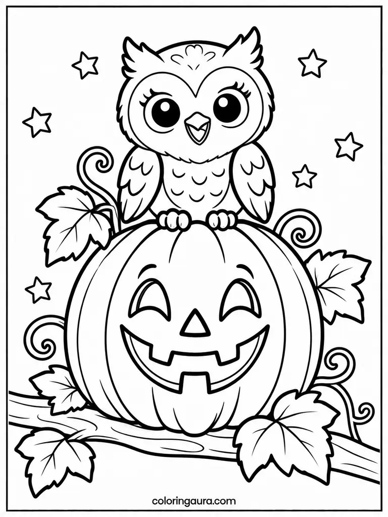Jack-O-Lantern and Owl Coloring Page