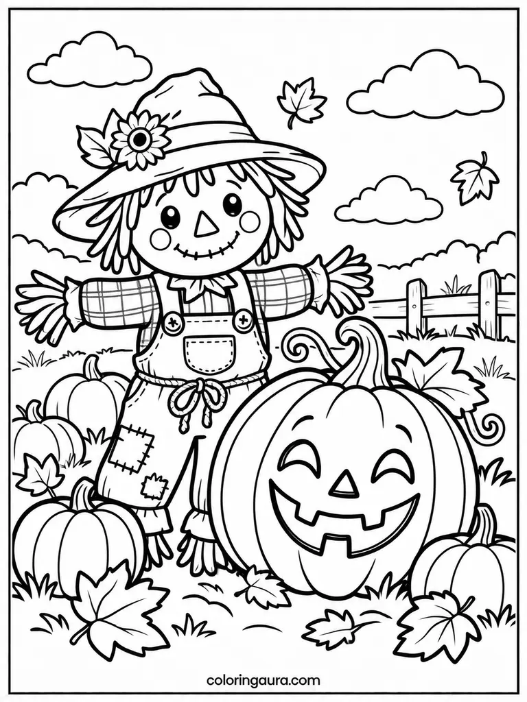 Jack-O-Lantern and Scarecrow Coloring Page