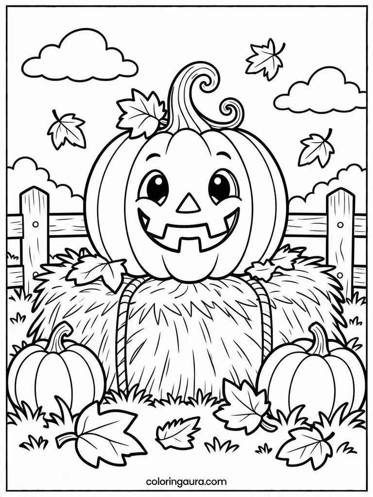 Jack-O-Lantern on Hay Bale Coloring Page