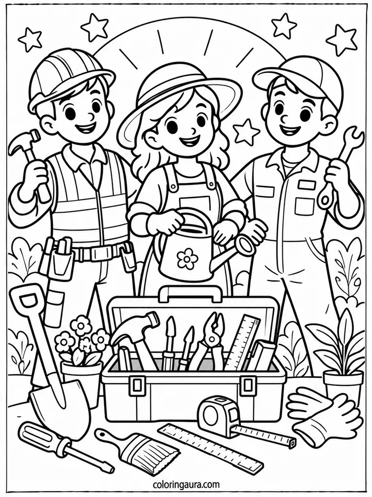 Labor Day Tools and Workers Coloring Page