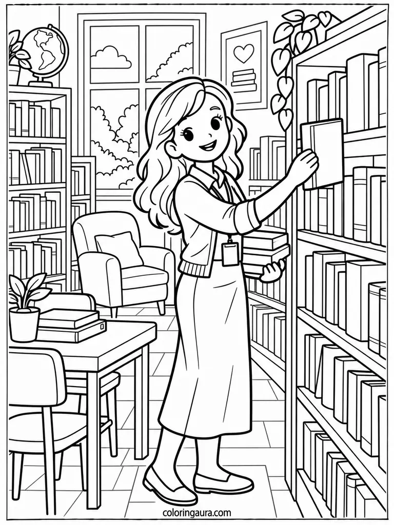 Librarian Organizing Books Coloring Page