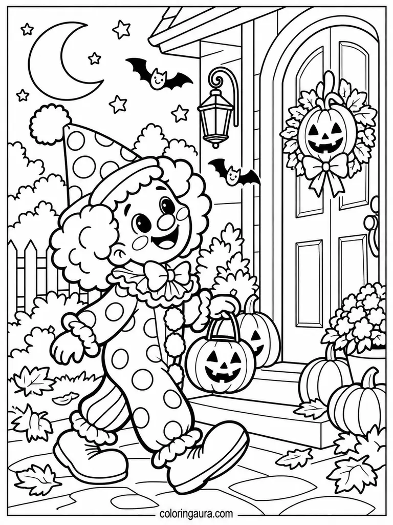 Little Clown Trick-or-Treating Coloring Page