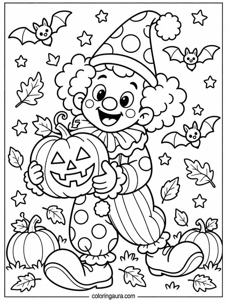 Little Clown with Jack-o'-Lantern Coloring Page