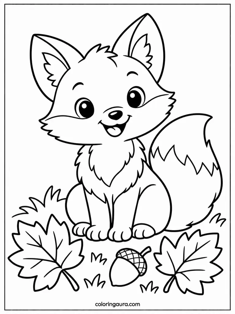 Little Fox Fall Leaves Coloring Page