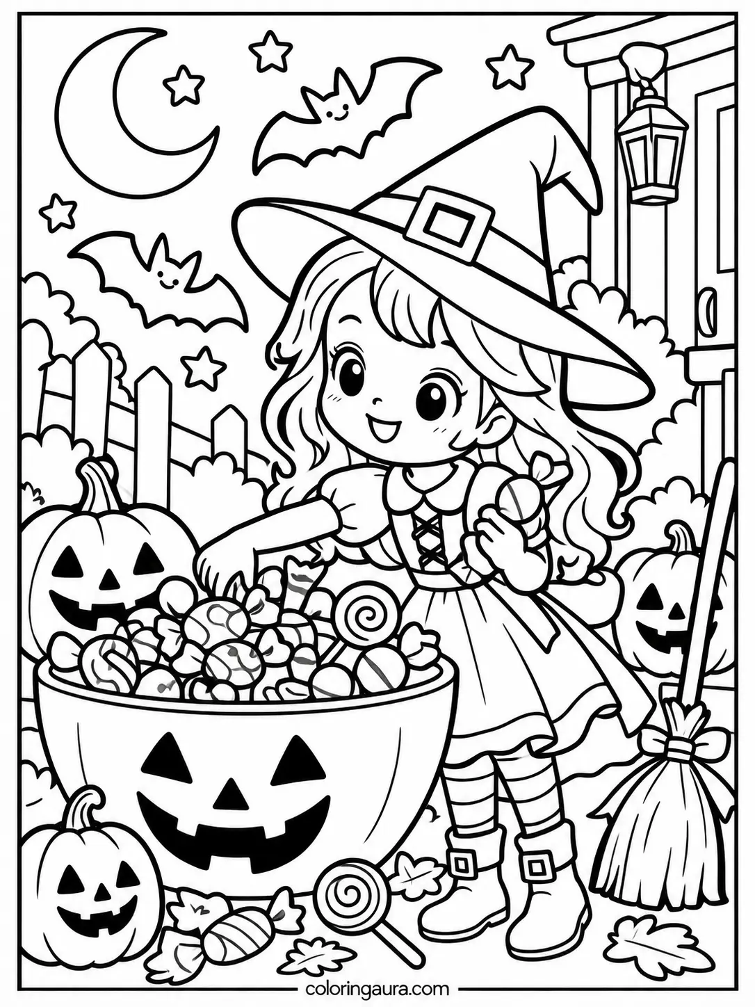 Little Witch Candy Bowl Coloring Page