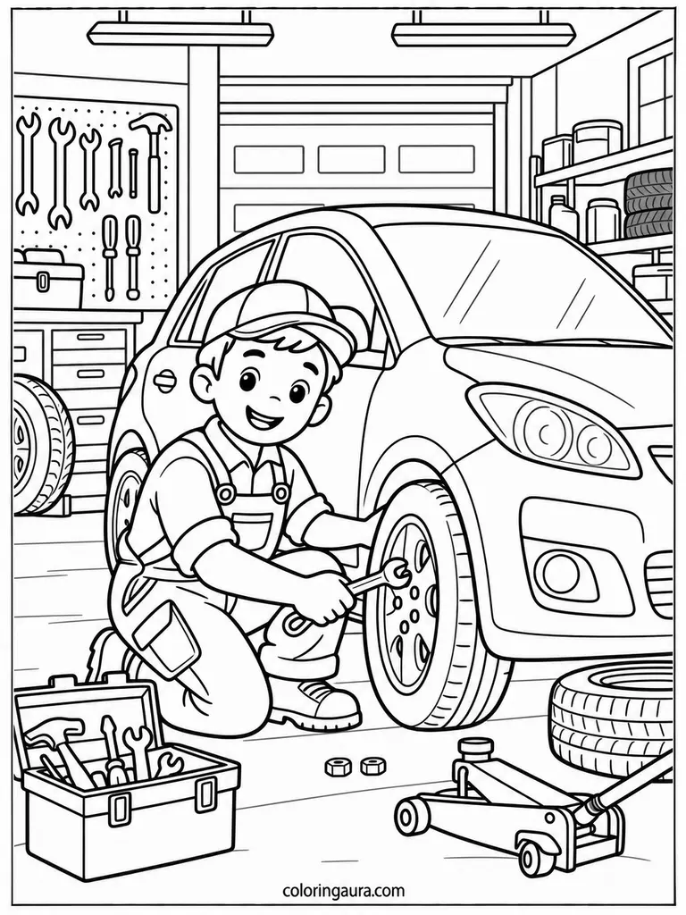 Mechanic and Car Coloring Page