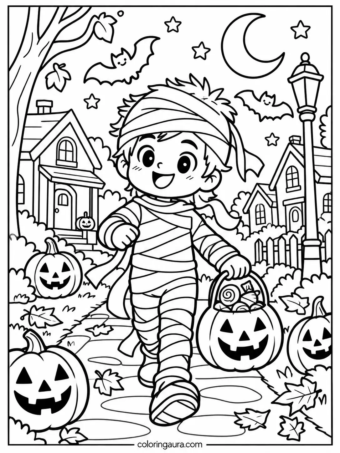 Mummy Trick-or-Treating Coloring Page