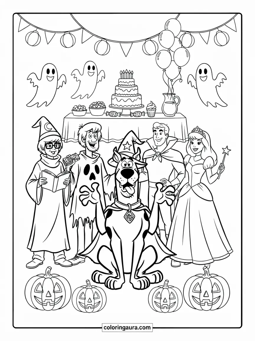 Mystery Inc. Halloween Costume Party Coloring Page