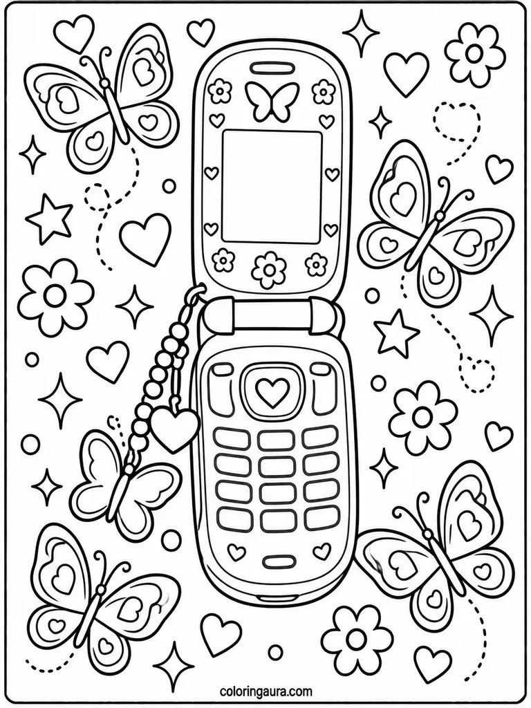 Cute Y2K Butterfly Phone Coloring Page