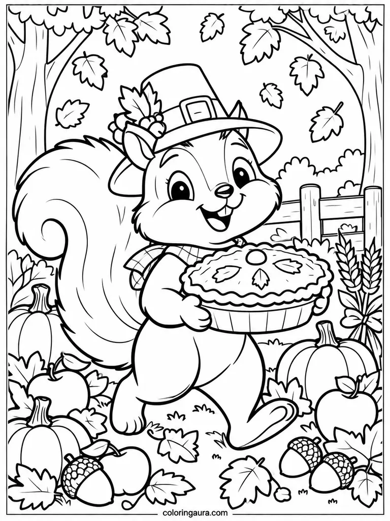 Pilgrim Squirrel With Thanksgiving Pie Coloring Page