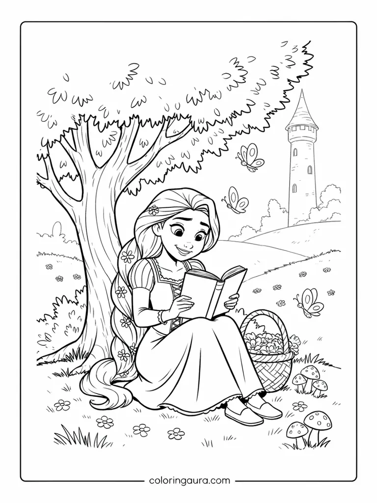 Rapunzel Reading Garden Coloring Page