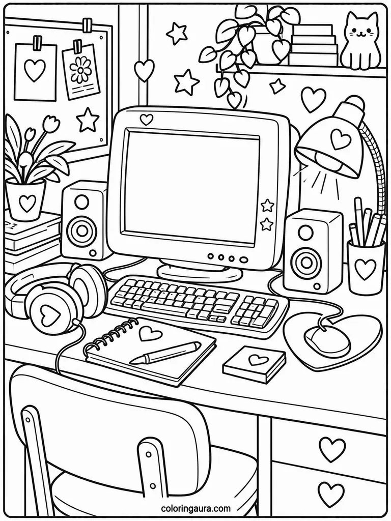 Retro 2000s Computer Desk Coloring Page
