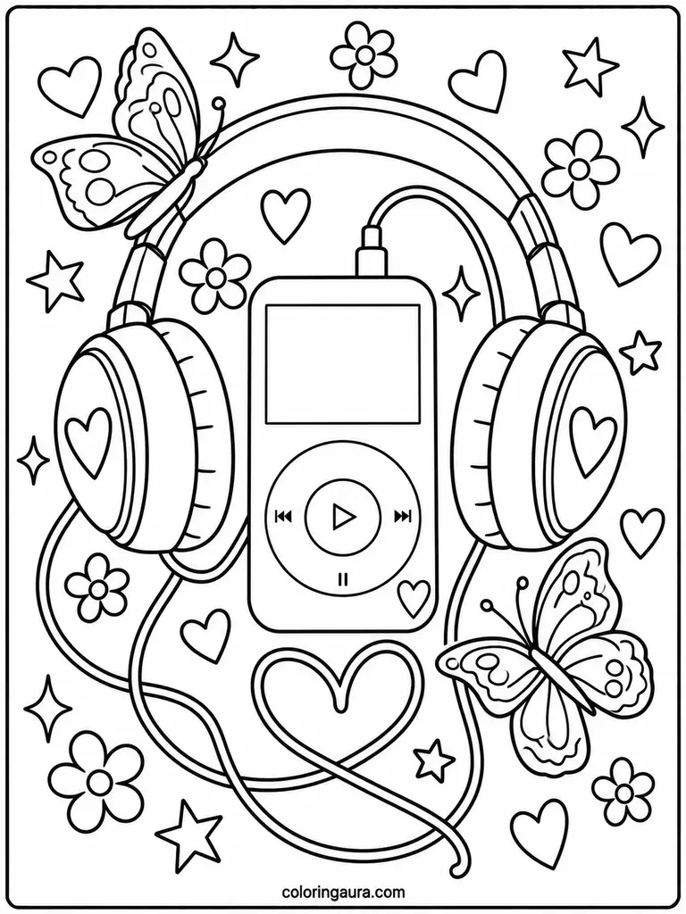 Retro Music Player and Headphones Coloring Page