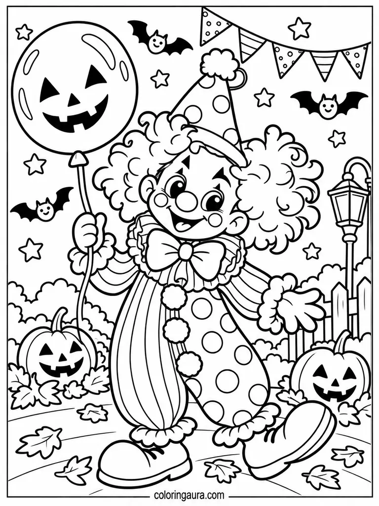 Scary-Cute Clown with Balloon Coloring Page