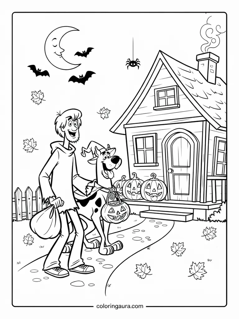 Scooby and Shaggy Trick-or-Treating Coloring Page