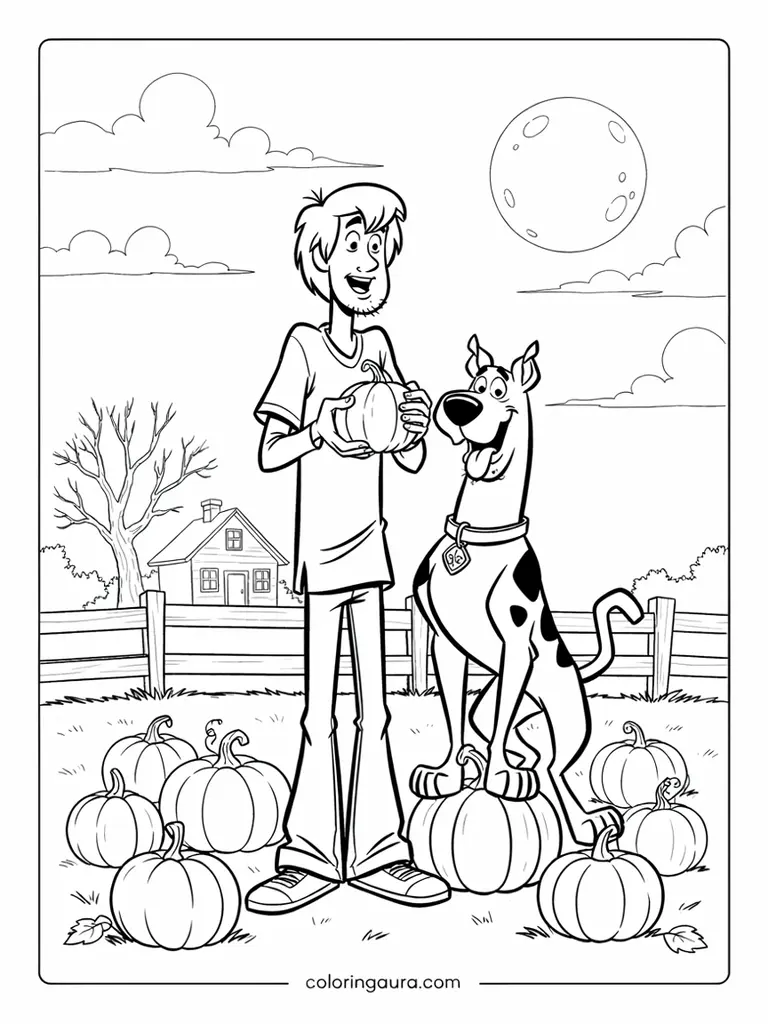 Shaggy and Scooby Pumpkin Patch Coloring Page