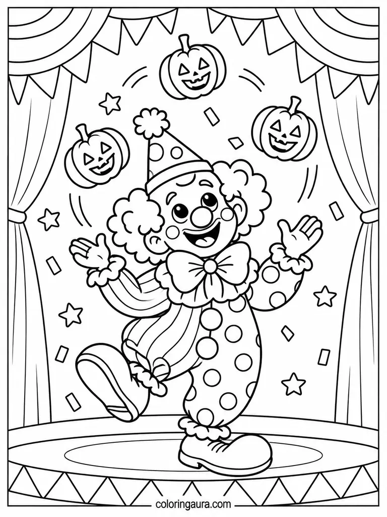 Silly Clown Juggling Pumpkins Coloring Page
