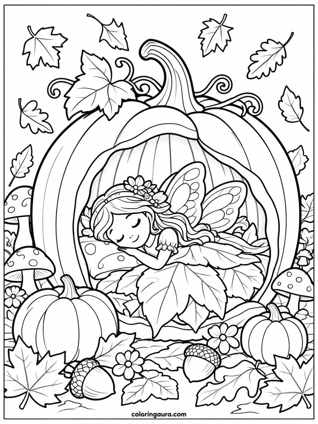 Sleeping Fairy Inside a Pumpkin Coloring Page