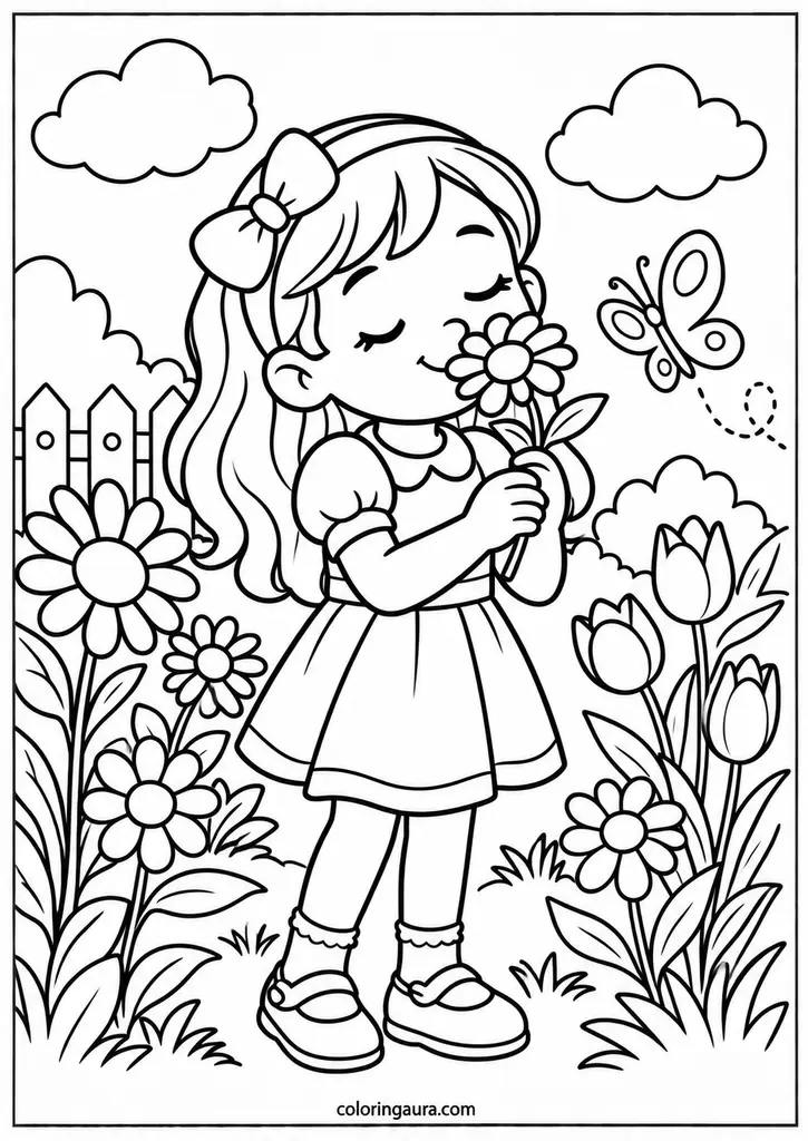 Smelling Flowers Child Coloring Page