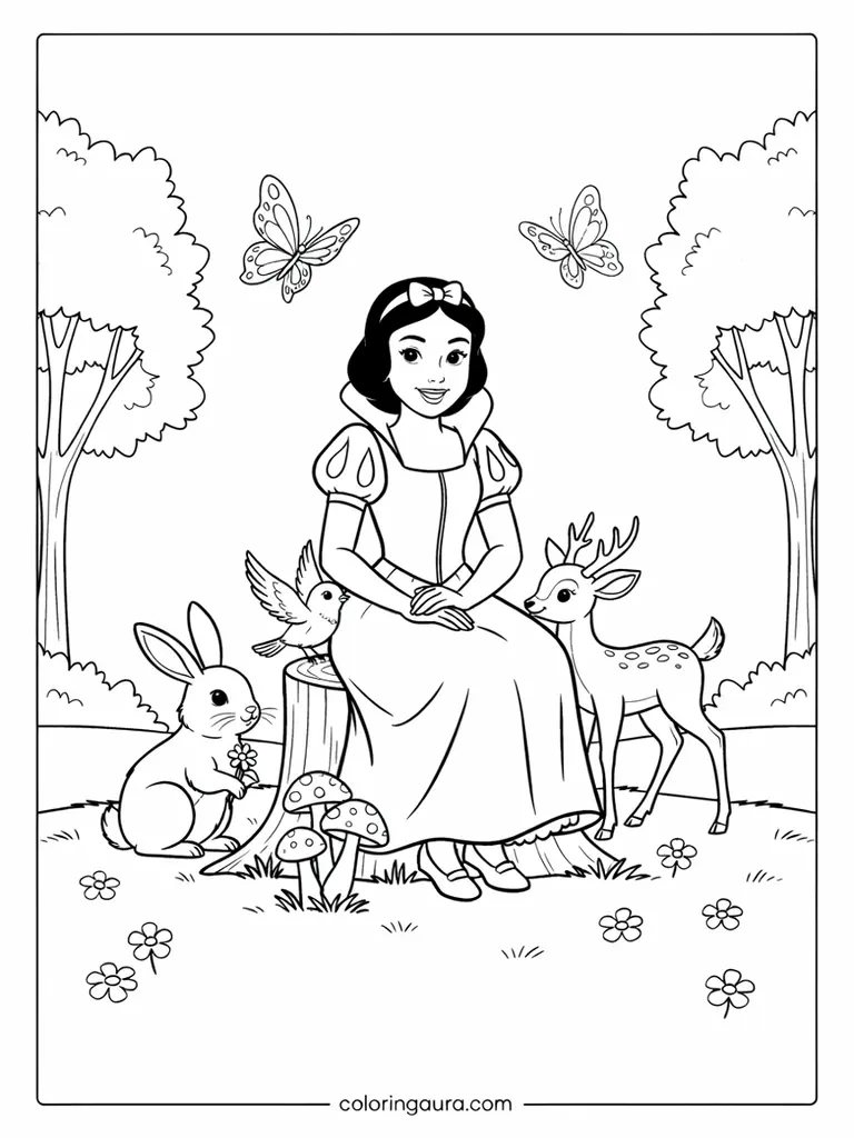 Snow White Forest Friends Coloring Page