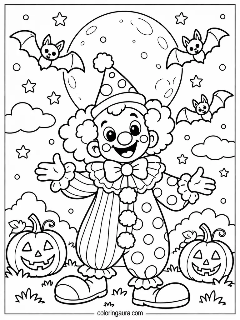 Spooky-Cute Clown Under the Moon Coloring Page