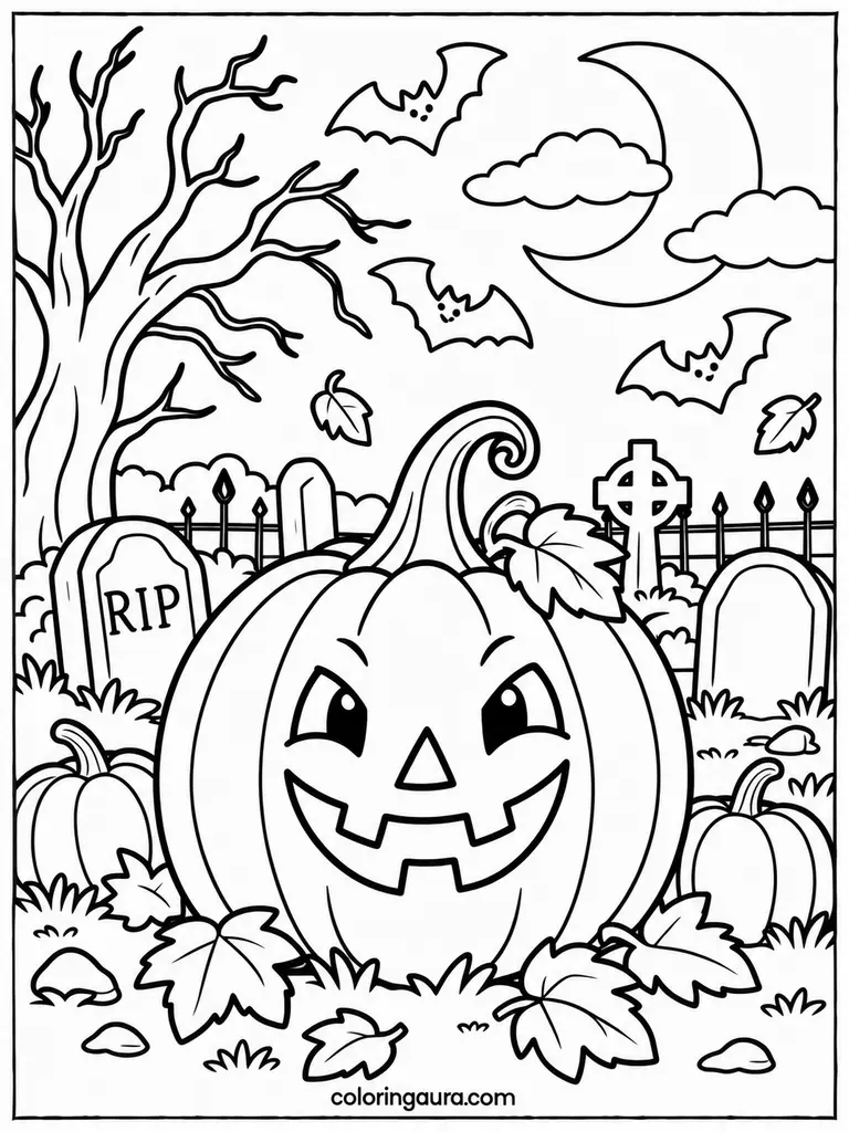 Spooky Jack-O-Lantern Graveyard Coloring Page