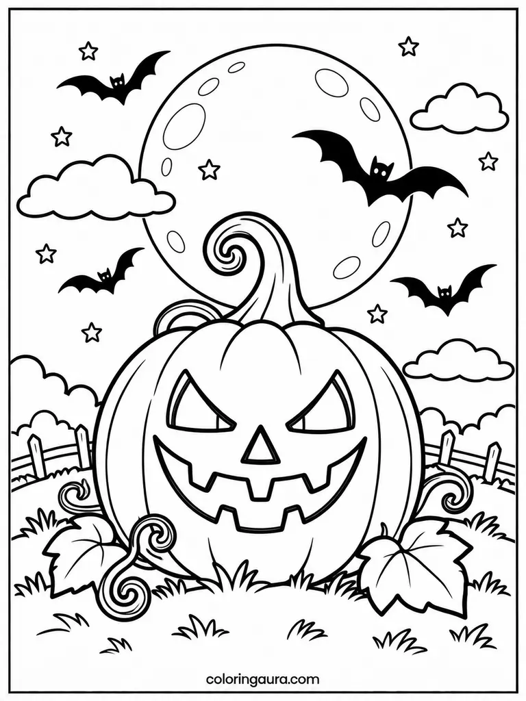 Spooky Jack-O-Lantern Under the Moon Coloring Page
