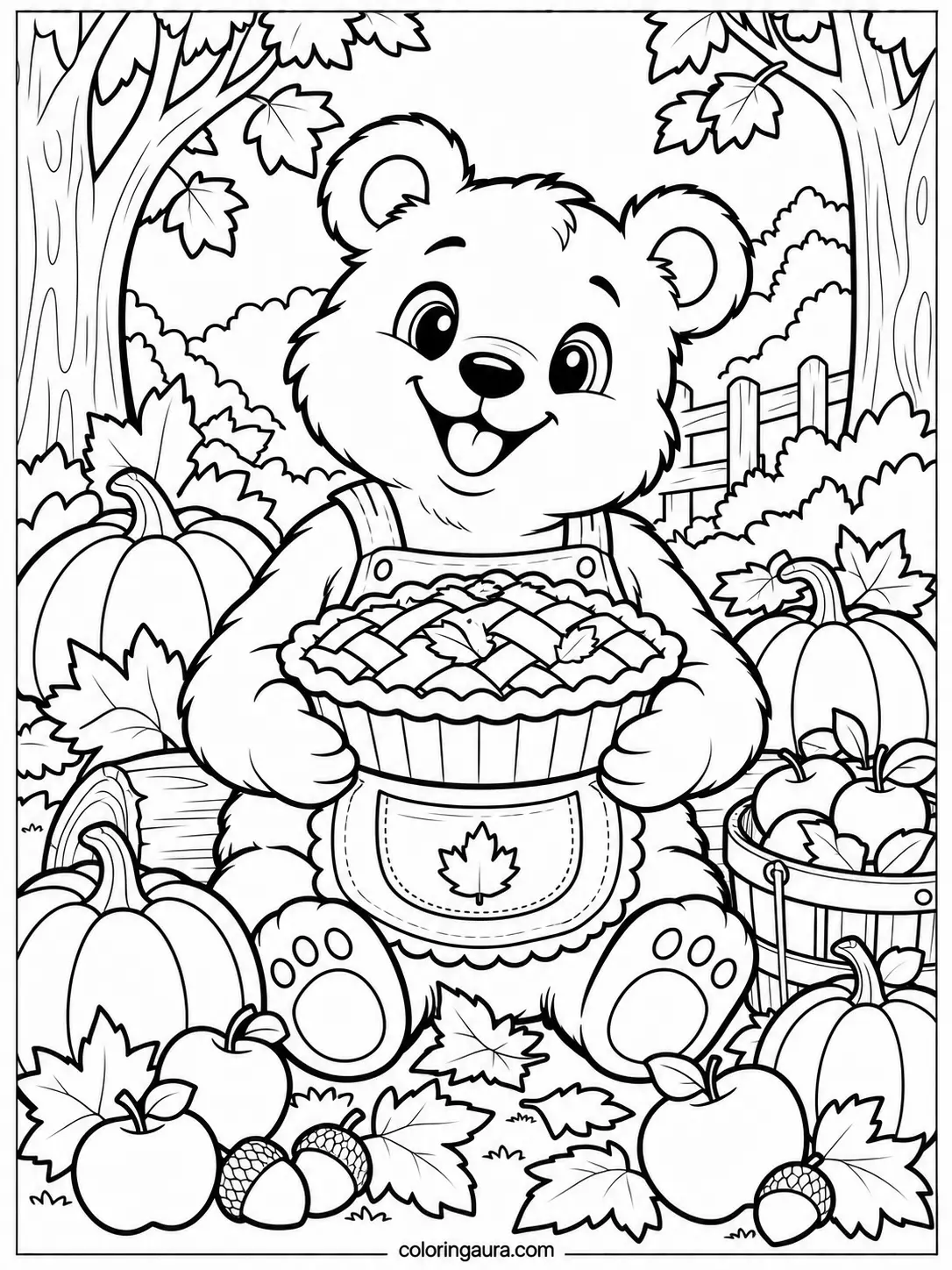Thanksgiving Bear With Apple Pie Coloring Page